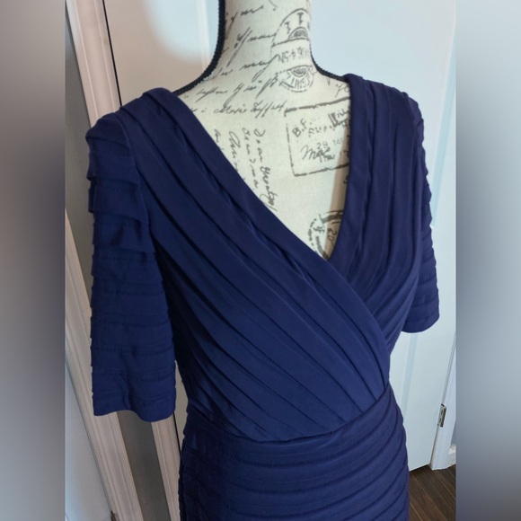 Adrianna‎ Papell Deep Blue Layered Pleated Knee Length Faux Wrap Dress - Picture 5 of 10